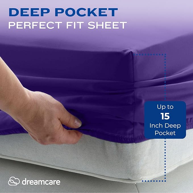 DREAMCARE Twin XL Sheet Sets - 4 pcs Breathable Cooling Bed Sheets - up to 15" Deep Pocket Twin XL Sheets Set with Side Pockets - Extra Soft 100% Brushed Hypoallergenic Hotel Luxury Bedding - Purple