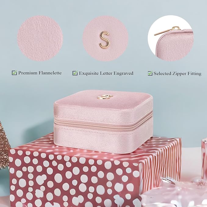 Vlando Small Travel Jewelry Box Organizer Display Case for Rings Earrings Necklaces Storage, Selected Soft Velvet, Letter S Engraved, Pink - Image 4