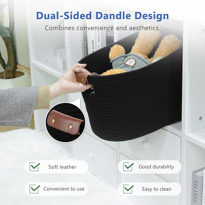 ECDYQXVU Cotton Rope Basket, Storage Baskets with Handle, 15x10x9 Inch Woven Basket for Shelves, Laundry, Towels, Clothes, Books (Black 1Pack) - Image 4