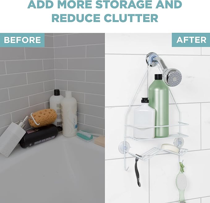Zenna Home Rust Resistant Hanging Shower Caddy, Over the Shower Head Caddy with 1 Wide Shelf and Built In Soap Dish, Steel Bathroom Hanging Organizer, White - Image 3