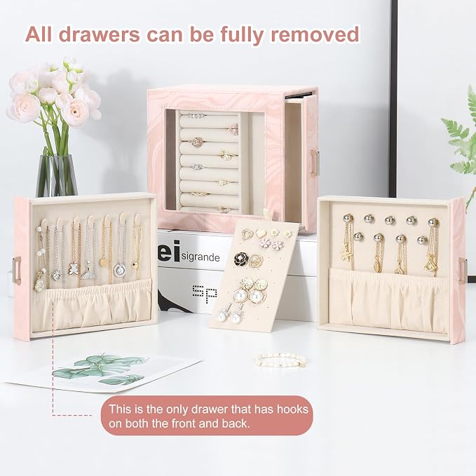 DesignSter Jewelry Box Organizer, Jewelry Box for Women, PU Jewelry Organizer Display Case with Side Drawers, Jewelry Storage for Earring Necklace Ring Bracelet Watch - Image 7
