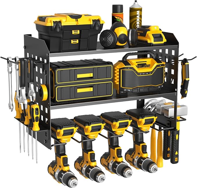 SUNALLY Power Tool Organizer, Heavy Duty Wall Mount Tool Organizer 3 Layers with 4 Drill Holders, Garage Tools Storage Rack with 2 Side Pegboards and Hooks for Workshop, Shed, Black by SUNALLY
