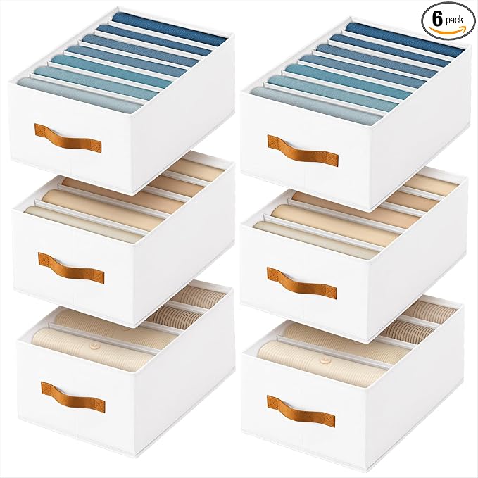 Homsorout Clothes Organizers and Storage - 4/5/7 Grids Fabric Jeans Organizer with Handles, Foldable Closet Organizers Dividers, Wardrobe organizer for Pant, Sweater, T-shirt, Scarf, 6 Pack, White by Homsorout