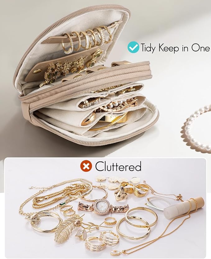 VLANDO Travel Jewelry Case,2-Layer Jewelry Organizer for Travel,Mothers Day Mom Gifts Teacher Gift,Multi-Compartment Jewelry Storage for Rings Earrings Necklaces Bracelets-Toffee - Image 7