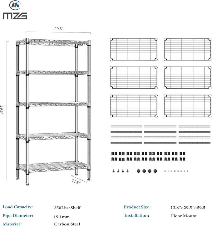 M MZG 1250 lbs 5 Tier Shelf Metal Storage Shelves Shelving Wire Rack Heavy Duty Closet Organizers for Garage Kitchen Bathroom Laundry Chrome 13.8" D x 29.5" W x 59.5" H - Image 3