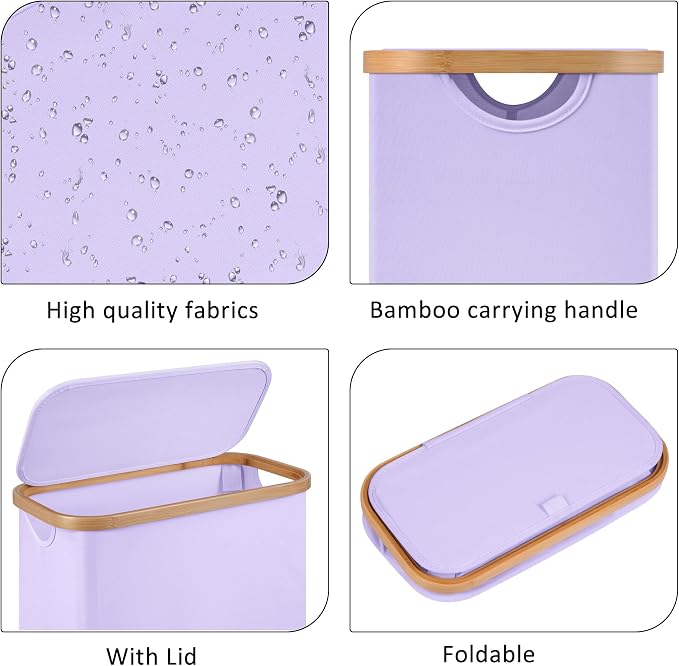 Slim Laundry Basket,60L Laundry Hamper with Lid, Tall Hamper for Laundry,Dirty Cloth Hamper with Bamboo Handle for Toys,Towels, Clothes Organizing,Purple - Image 2