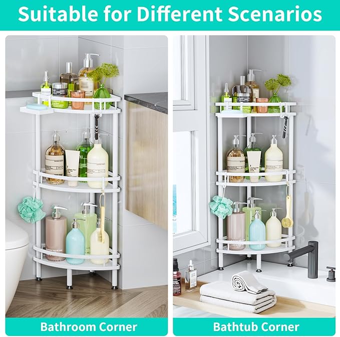 HapiRm Standing Corner Shower Caddy - 3 Tier Shower Organizer Corner with Soap Holder and 4 Hooks, Rustproof Bathroom Storage Shelves with Adhesives, White - Image 5