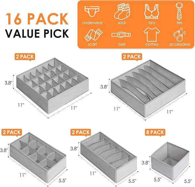 Criusia 16 Pack Sock Underwear Drawer Organizer, 96 Cells Dresser Organizer for Baby Clothes, Foldable Fabric Closet Organization and Storage Dividers Bins for Nursery, Bedroom - Image 3