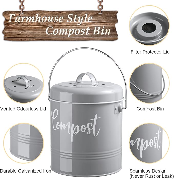 DAYYET Gray Compost Bin Kitchen, 1.3 Gallon Farmhouse Kitchen Compost Bin Countertop with Lid and Charcoal Filters, Indoor Compost Bucket for Decor and Accessories - Image 2