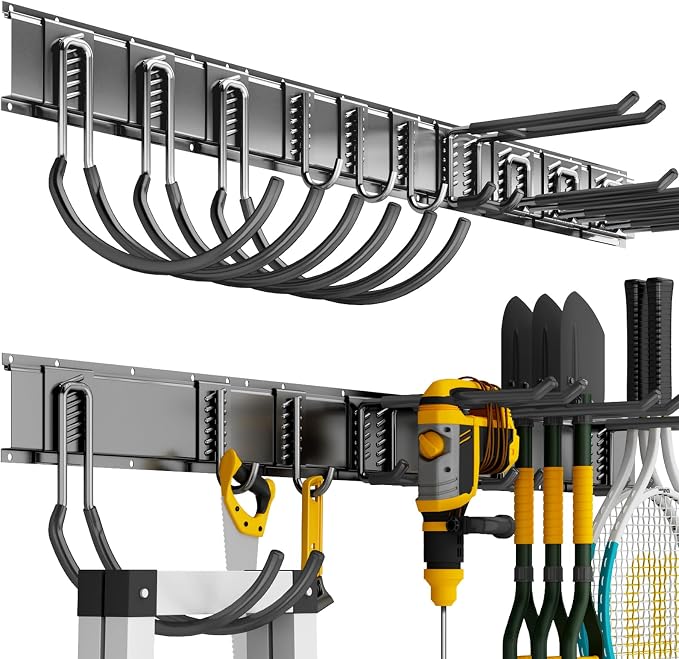 Shed Tool Organizer Wall Mount, 64inch Heavy Duty Garden Tool organizer Storage System, Easy Install With 10 Adjustable Hooks, For Garage, Basement, Shed, Workshop(Black) by CRXCRC
