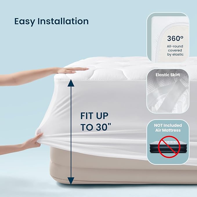 SLEEP ZONE King Air Mattress Pad, Quilted Mattress Topper Cover, Breathable and Noiseless Air Bed Mattress Protector with Deep Pocket Fits Up to 25 Inches (White)