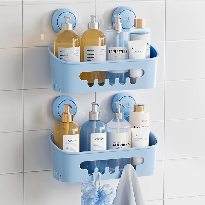 TAILI Shower Caddy Suction Cup 2 Pack, Heavy Duty Bathroom Organizer, Removable Shelves for Inside Shower, Shampoo, Waterproof Suction Plastic Storage for Bathroom Accessories Holder, Blue by TAILI
