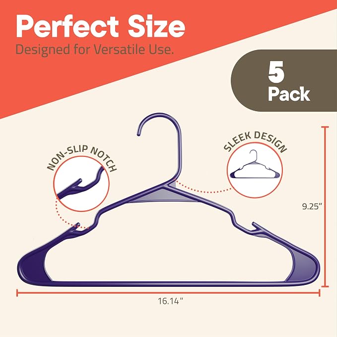 Purple Plastic Hangers 5 Pack– Heavy-Duty Plastic Hangers Slim and Space-Saving, Durable and Lightweight with Non-Slip Shoulder Notches for Slip Dresses, Suits, Jackets & Camisoles - Image 2