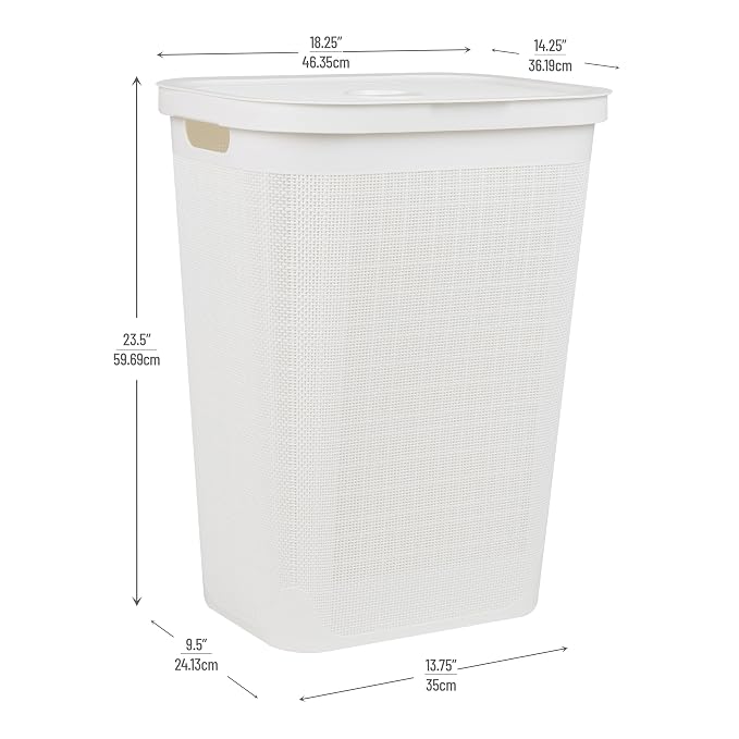 Mind Reader 60L Slim Laundry Hamper, Clothes Basket, Lid, Linen Design, Plastic, White - Image 3