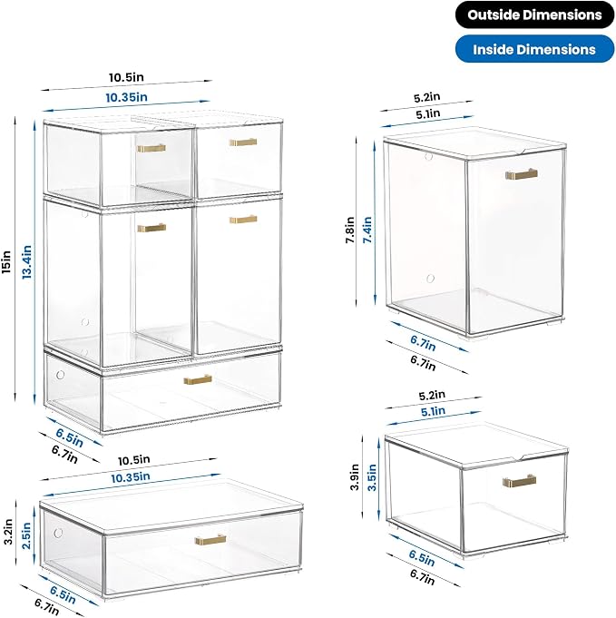 LALOBLUE Set of 5 Stackable Storage Drawers, Clear Acrylic Organizer Bins for Beauty Supplies, Perfect for Makeup Vanity, Undersink, Kitchen, Cabinet,Pantry Organization and Storage - Image 2