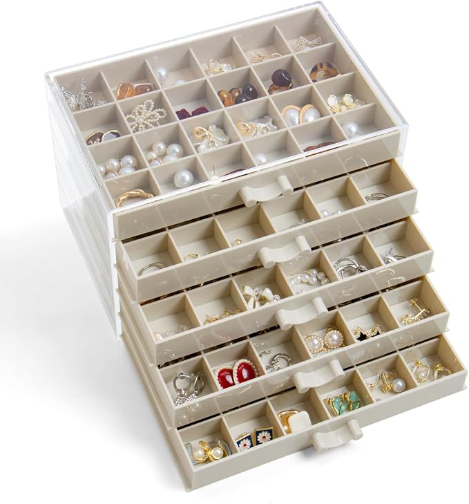 YUFONG Earring Storage Box Organizer, Acrylic Jewelry Storage Box Holder 5 Drawers Transparent Jewelry Display Stand with 120 Small Compartments Gift Boxes for Women Girls (Beige) by YUFONG