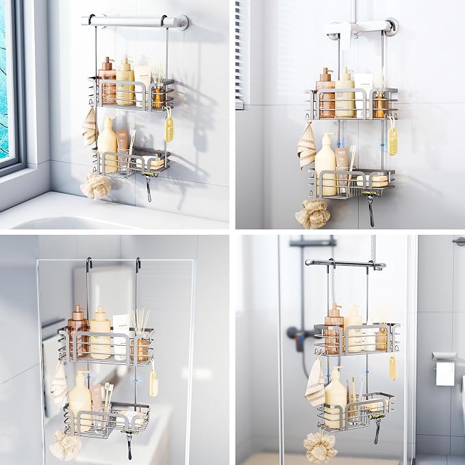 SWTYMIKI Shower Caddy Hanging Organizer - Over the Door Shower Caddy with Soap Holder, 11 Hooks, 2 Installation Ways, Stainless Steel Rustproof Bathroom Organizer, Sand Nickel - Image 3