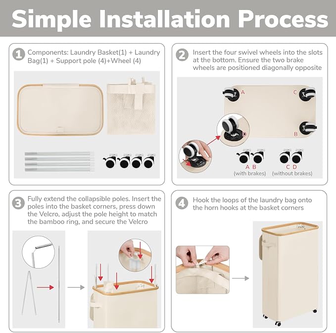 Goodpick Slim Laundry Basket with Wheels and Lid, 75L Narrow Laundry Hamper with Handles Removable Bag, Rolling Clothes Hamper for Dorm Bathroom Bedroom, 17" x 9.8" x 29.5", Beige - Image 7