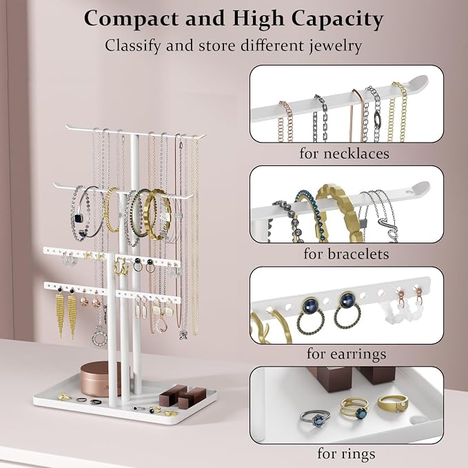 pickpiff White Jewelry Stand Holder Organizer: 12.5" Sturdy Hanger for 80 Pcs Jewelry, Jewlery Tower for Display Necklace, Earring, Bracelet, Watch - Image 2