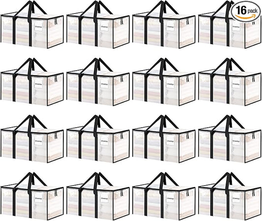16 Pack Extra Large Heavy Duty Moving Bags, Clear Storage Bins with Lids, Reinforced Handles & Heavy-Duty Zippers Moving Boxes Storage Bags Totes for Clothes Packing, Dorms, College Supplies, Clear by ukeetap