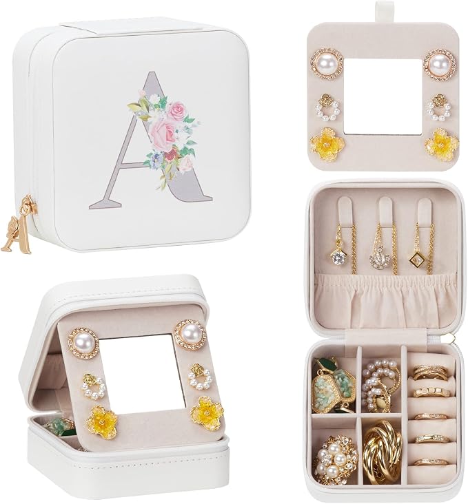 Enthralite Travel Jewelry Box for Girls: Traveling Ring Case Gift for Women - Mini Organizer for Necklaces Earrings White A by Enthralite