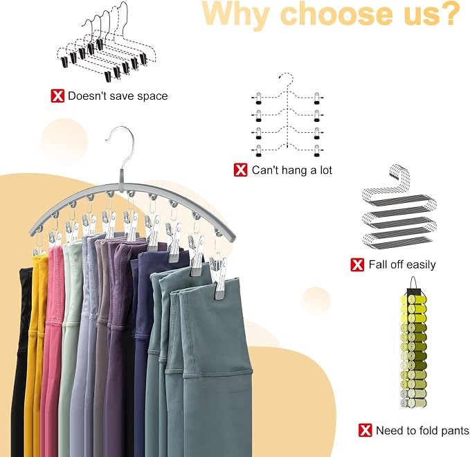 Volnamal Legging Organizer for Closet, Metal Yoga Pants Hanger w/Rubber Coated 2 Pack w/10 Clips Hold 20 Leggings, Hangers Space Saving Hanging Closet Organizer for Closet Organizers and Storage-Grey - Image 2