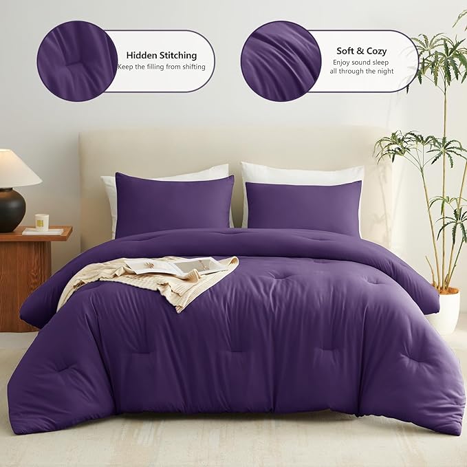 CozyLux Queen Comforter Set Purple, 3 Pieces Solid Comforters Queen Size Breathable Quilted Bedding Sets, Luxury Soft Lightweight Bed Set with Down Alternative Comforter and 2 Pillowcases All Seasons