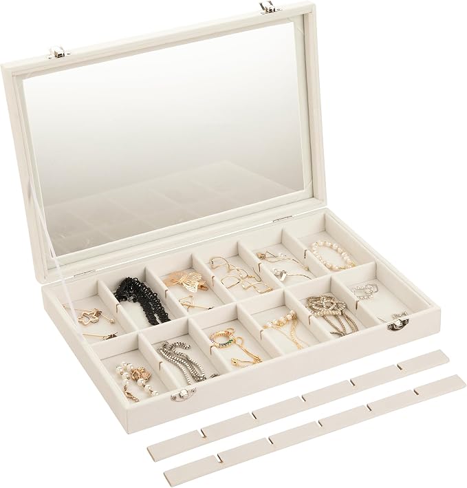 Frebeauty Velvet Jewelry Tray,24 Grid Jewelry Organizer with Clear Lid,Earring Holder Organizer with Clasp,Drawer Insert Rings Pendants Brooches,13.8 x 9.5 x 2 Inches,Gift for Women Girls(Beige) - Image 5