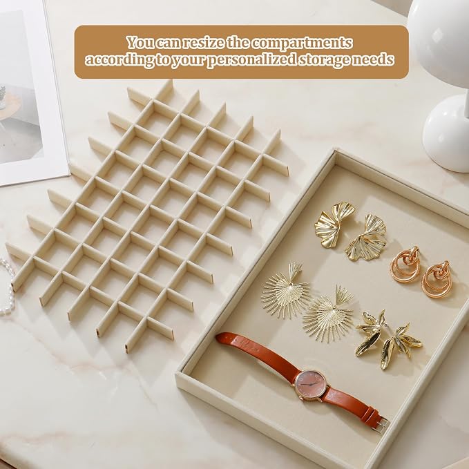 Large Velvet Jewelry Tray 2 Pack Stackable Jewelry Display Drawer Inserts Trays Organizer for Earring Bracelet Necklace Ring (Beige, 48 Grids) - Image 5