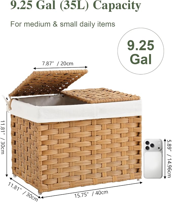 SETVSON Storage Basket with Lid Woven Wicker Baskets with 2 Separate Lid, 9.2 Gallon (35 L) Wicker Storage Bins with Handles, Foldable and 2 Removable Liner Bags for Bedroom, Laundry Room Natural - Image 2