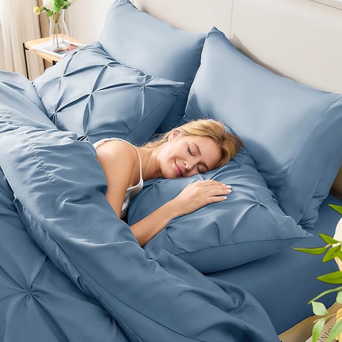 CozyLux Twin Comforter Set with Sheets Grayish Blue, 5 Pieces Pintuck Bed in A Bag, Twin Bed Set for Family, Pinch Pleat Bedding Set with Comforter, Sheets, Pillowcase & Sham