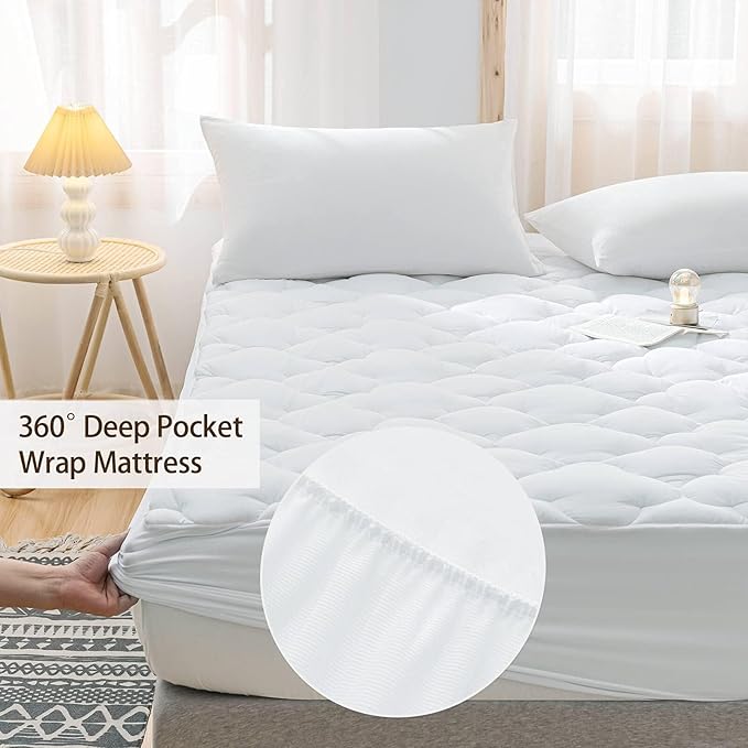 WhatsBedding Waterproof Mattress Pad Cal-King Cotton Top Down Alternative Filling Pillowtop Mattress Topper Cover-Fitted Quilted (Waterproof Cal-King Size Mattress Pad)