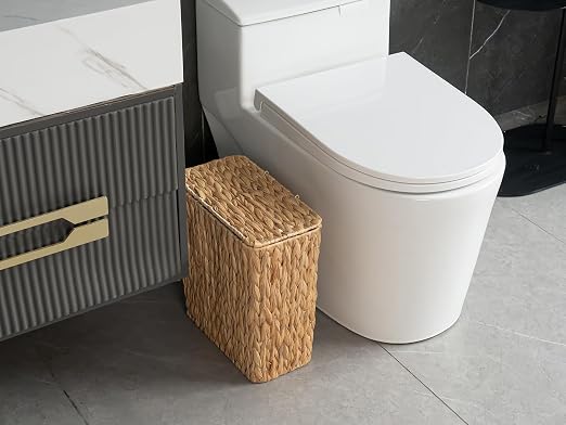 Coeusy 3 Gallon Wicker Trash Can,Small Bathroom Trash Can with Lid,Natural Water Hyacinth Wicker Waste Basket for Bedroom,Toilet,Narrow Garbage Can with Removable Liner - Image 3