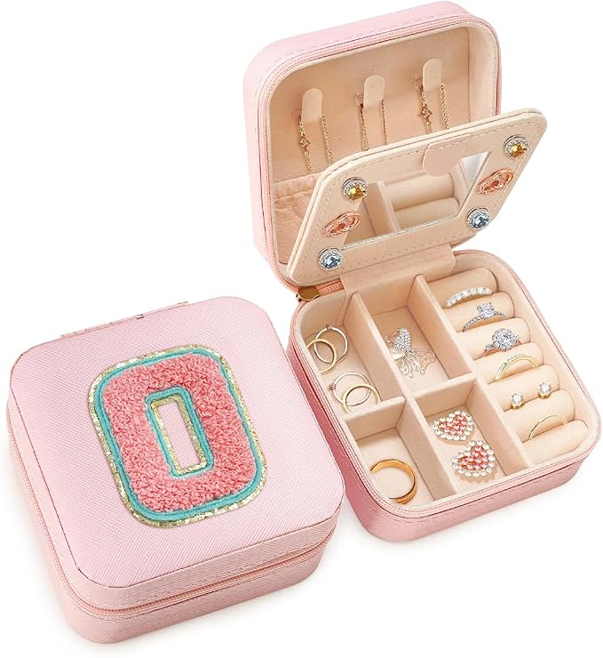 SANDJEST Personalized Jewelry Box, Pink Travel Jewelry Box with Initial O, Small Monogrammed Jewelry Case Organizer for Girls Women Teen Kids, Mini Travel Essentials Gifts for Birthday Christmas by SANDJEST