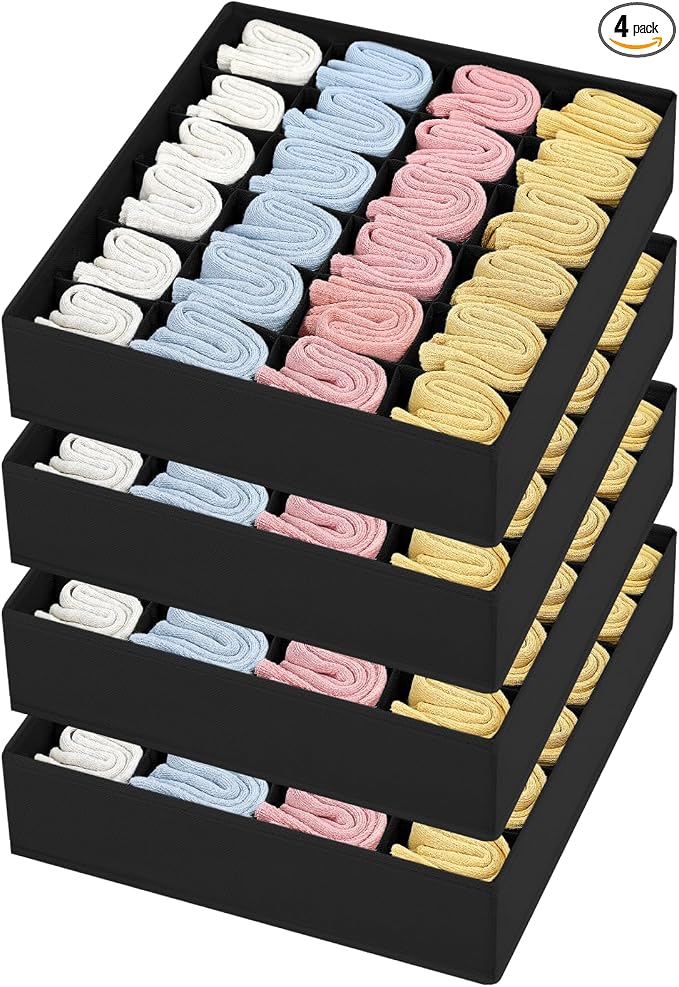 Joyoldelf Sock Drawer Organizer Divider Underwear Organizer 24-cell Fabric Dresser Drawer Organizers Storage Boxes for Socks Lingerie, Handkerchiefs, Ties 4 Pack (Black) by APPRECIATELIFERELAXYOURSOUL