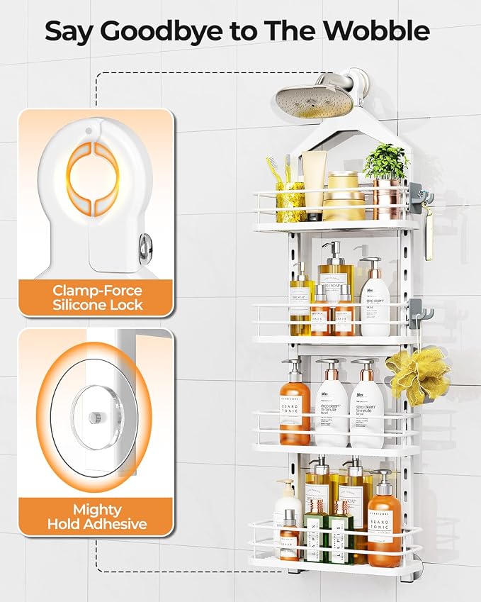 ODesign 4 Tier Height-Adjustable Shower Caddy Hanging Anti-Swing-Over The Shower Head Caddy-Storage Organizer Bathroom Shelves Basket-White - Image 5