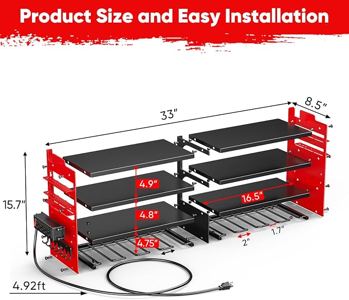 POKIPO Large Power Tool Organizer Wall Mount with Charging Station,4 Layer Heavy Duty Metal Tool Storage Shelf Loads 600lbs,Battery Utility Rack With 4 Outlet Power Strip with 8 Cordless Drill Holder - Image 2
