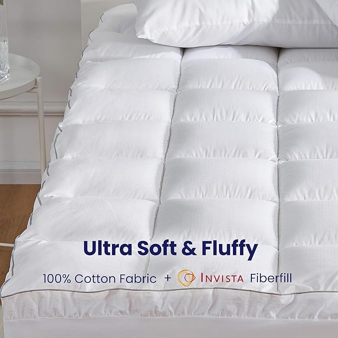 SLEEP ZONE Twin Cotton Mattress Topper, Ultra Fluffy Soft Mattress Pad Pillowtop Cooling Mattress Cover Fits 8-21 inch Deep Pocket, White