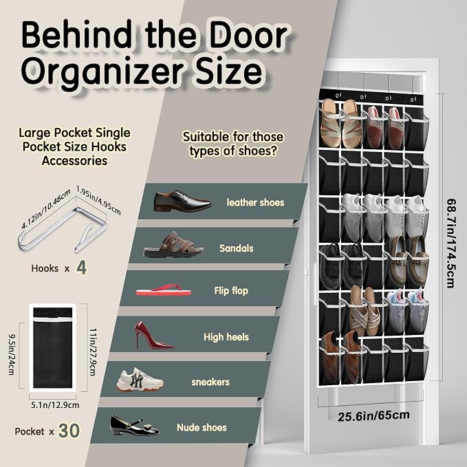 Kotkn Over the Door Shoe Organizer with 30 Breathable Mesh Pockets - Large Capacity Closet Storage for Men & Women, Hanging Shoe Rack Organizer (Solid black) - Image 3