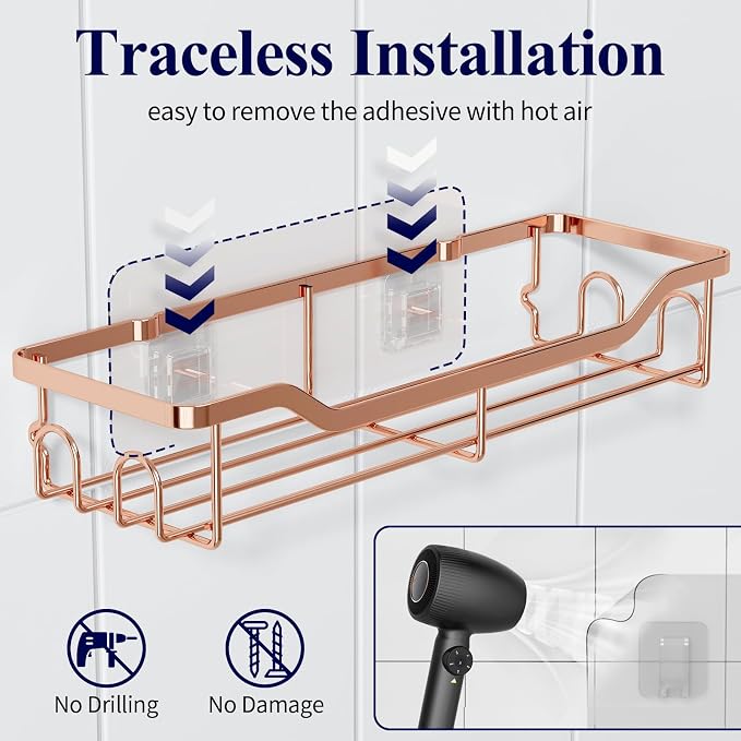 Kitsure Shower Caddy Large - Adhesive Shower Organizer, Stainless Steel Shelf for Inside Shower, No Drill Bathroom Organizers and Storage, Home Decor Accessories, 2 Pack, Rose Gold - Image 5