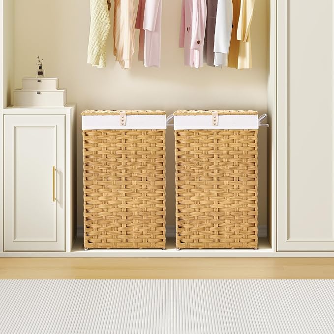 GREENSTELL Laundry Hamper with Lid, 60L Clothes Hamper with 2 Removable Liner Bags & 2 Mesh Laundry Bags, Handwoven Synthetic Rattan Laundry Basket for Clothes, Toys in Bathroom, Bedroom Natural - Image 2
