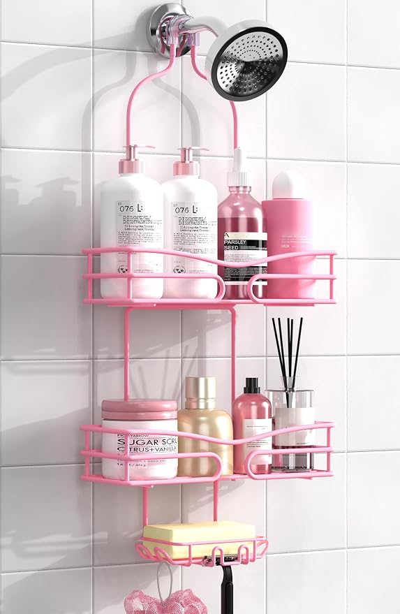 DAOYA Pink 3-Tier Over Head Shower Caddy with Soap Holder & 6 Hooks - Hanging Shower Caddy for Bathroom Organizer by DAOYA