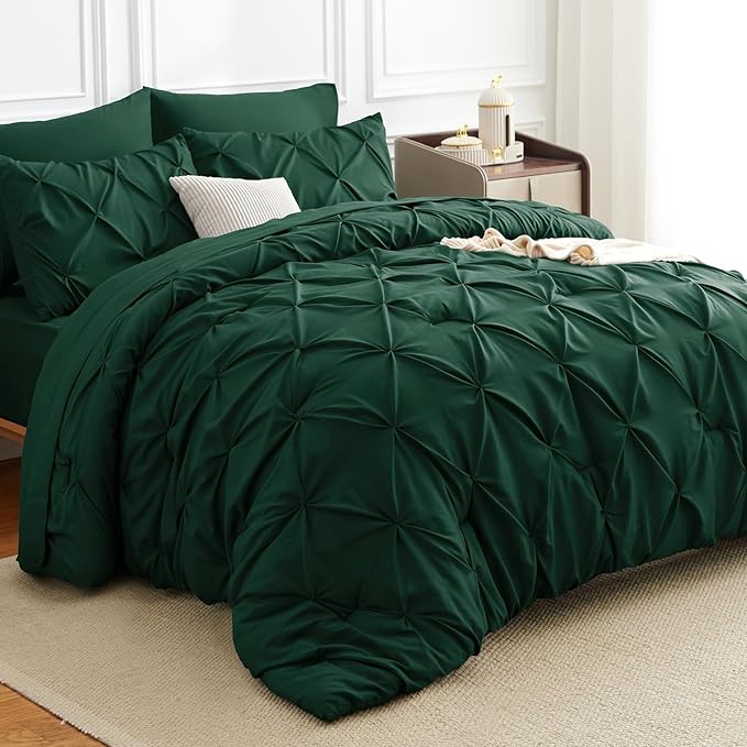 CozyLux Full Size Comforter Sets Emerald Green, 7 Pieces Bed in A Bag Green Comforter Full Size, Pinch Pleat Bedding Sets with All Season Comforter, Sheets, Pillowcases & Shams