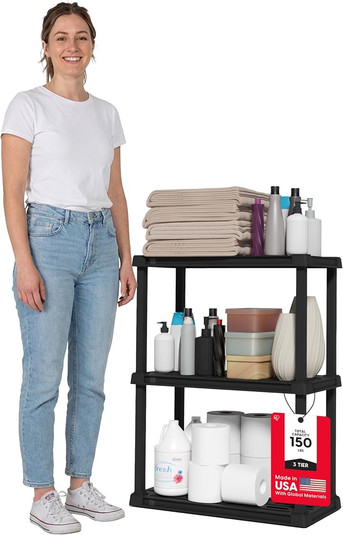 IRIS USA 3-Shelf Light Duty Plastic Storage Shelves, 150lb Capacity, 33" H x 24" W x 12" D, Medium Modular Shelving Unit Storage Organizer for Bathroom, Laundry, Garage & Home, Storage Rack - Black by IRISUSA