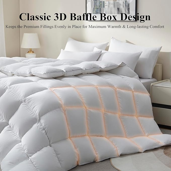 Ubauba Goose Feather Down Fiber Comforter King Size - All Season White Fluffy Duvet Insert - 750+ Fill Power Luxurious Hotel Bedding Comforter - Soft 100% Cotton Cover, Medium Warmth (106x90 Inch)