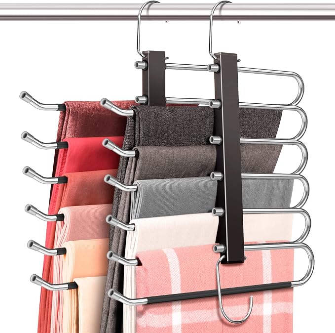 HUITEM 4 Pack 6-Tier Space Saving Pant Hangers, Anti-Slip, Lightweight, Stainless Steel, Black, 6 Pairs Jeans Hangers by HUITEM