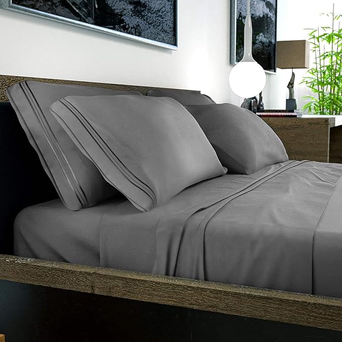 DREAMCARE California King Sheet Sets - 6 pcs Breathable Cooling Bed Sheets - up to 21" Extra Deep Cal King Sheets with Side Pockets - Extra Soft 100% Brushed Hypoallergenic Hotel Luxury Bedding D-Gray