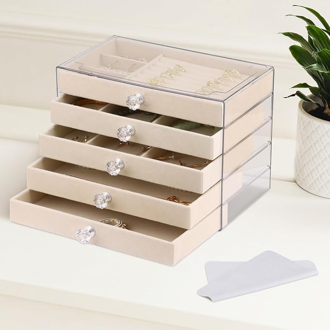 Hyber&Cara Luxury Acrylic Jewelry Box Organizer - 5 Drawers Velvet Lined Clear Stackable Storage for Earrings Necklaces Rings Bracelets Elegant Beige Dresser Top Vanity Display by Hyber%26Cara