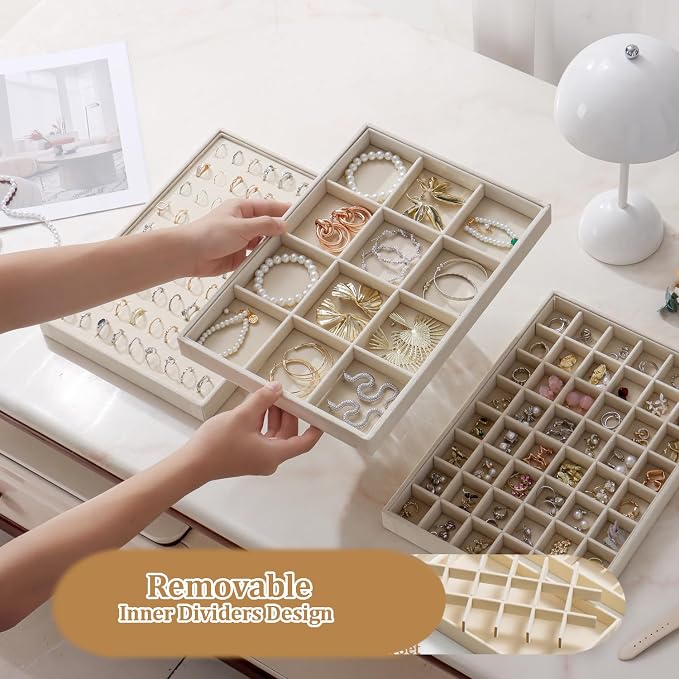 Large Velvet Jewelry Tray 2 Pack Stackable Jewelry Display Drawer Inserts Trays Organizer for Earring Bracelet Necklace Ring (Beige, 12 Grids) - Image 4