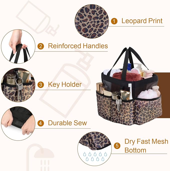 F-color Shower Caddy Portable - Mesh Shower Bag Basket Tote for College Dorm Room Essentials Bathroom Gym Camp Quick Dry for Women Men with S Hook, Leopard - Image 5